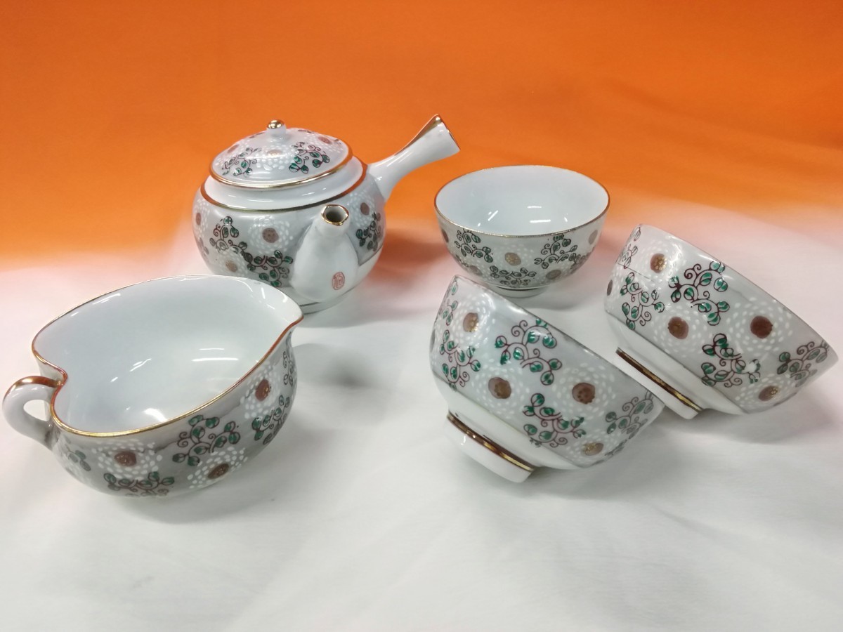g_t C304 九谷焼 煎茶揃 急須/湯冷し/湯呑み3客 柄 色絵 金彩 茶器 煎茶道具 古道具_1