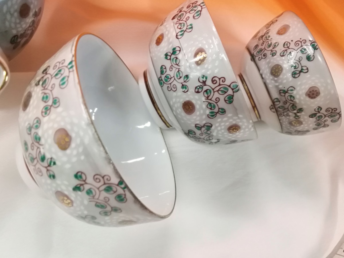 g_t C304 九谷焼 煎茶揃 急須/湯冷し/湯呑み3客 柄 色絵 金彩 茶器 煎茶道具 古道具_2