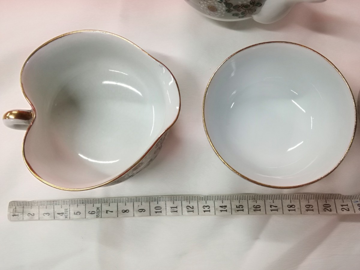 g_t C304 九谷焼 煎茶揃 急須/湯冷し/湯呑み3客 柄 色絵 金彩 茶器 煎茶道具 古道具_6