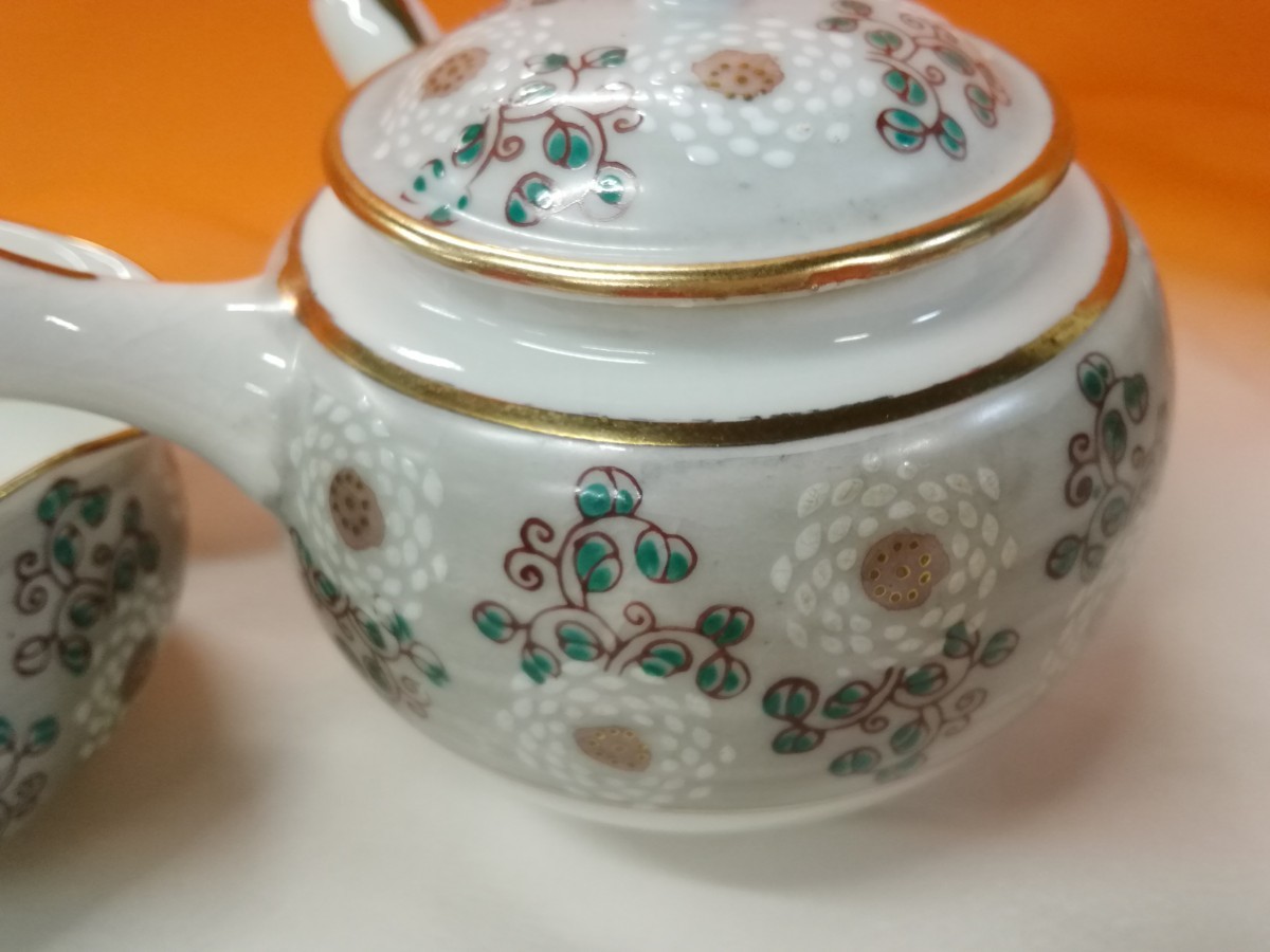 g_t C304 九谷焼 煎茶揃 急須/湯冷し/湯呑み3客 柄 色絵 金彩 茶器 煎茶道具 古道具_9