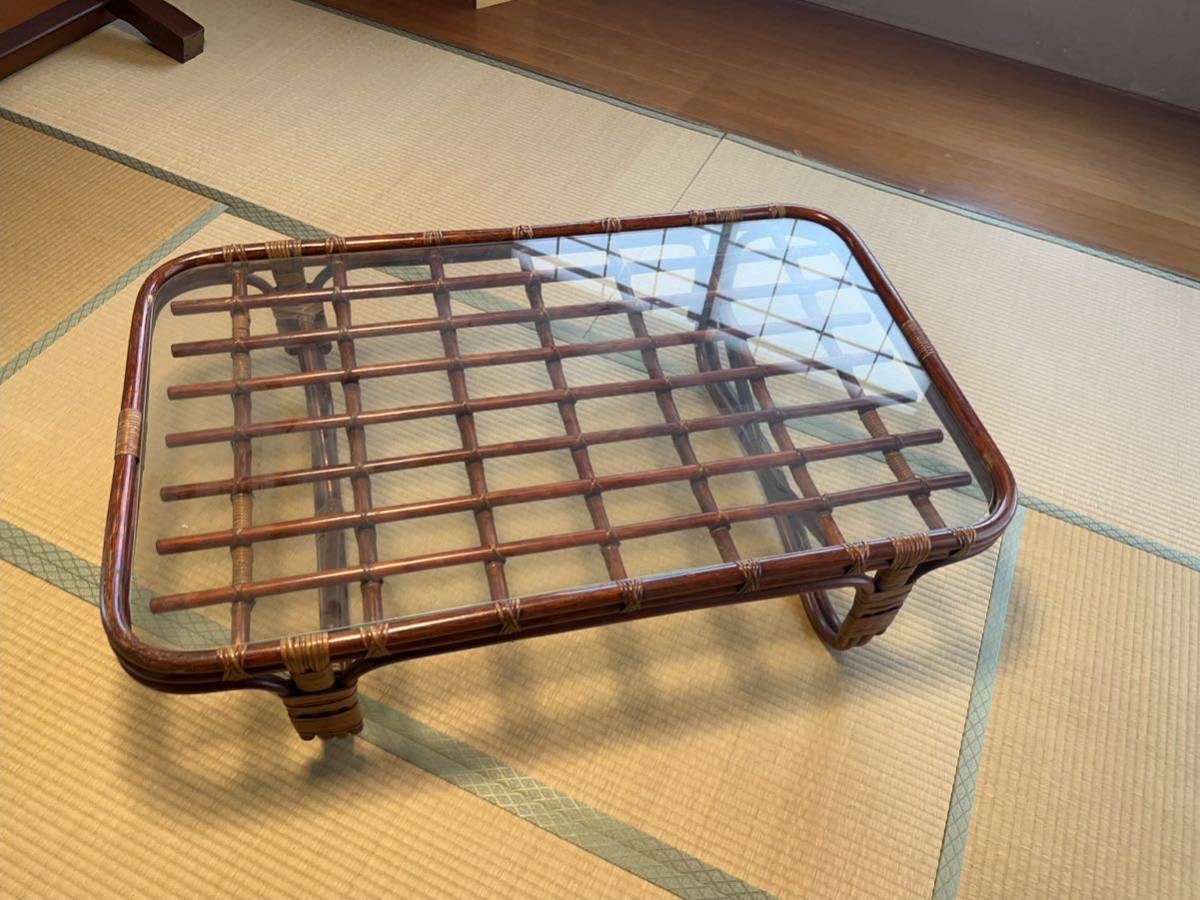 籐 ラタン 昭和レトロ 座卓 ガラステーブル ヴィンテージ ローテーブル 