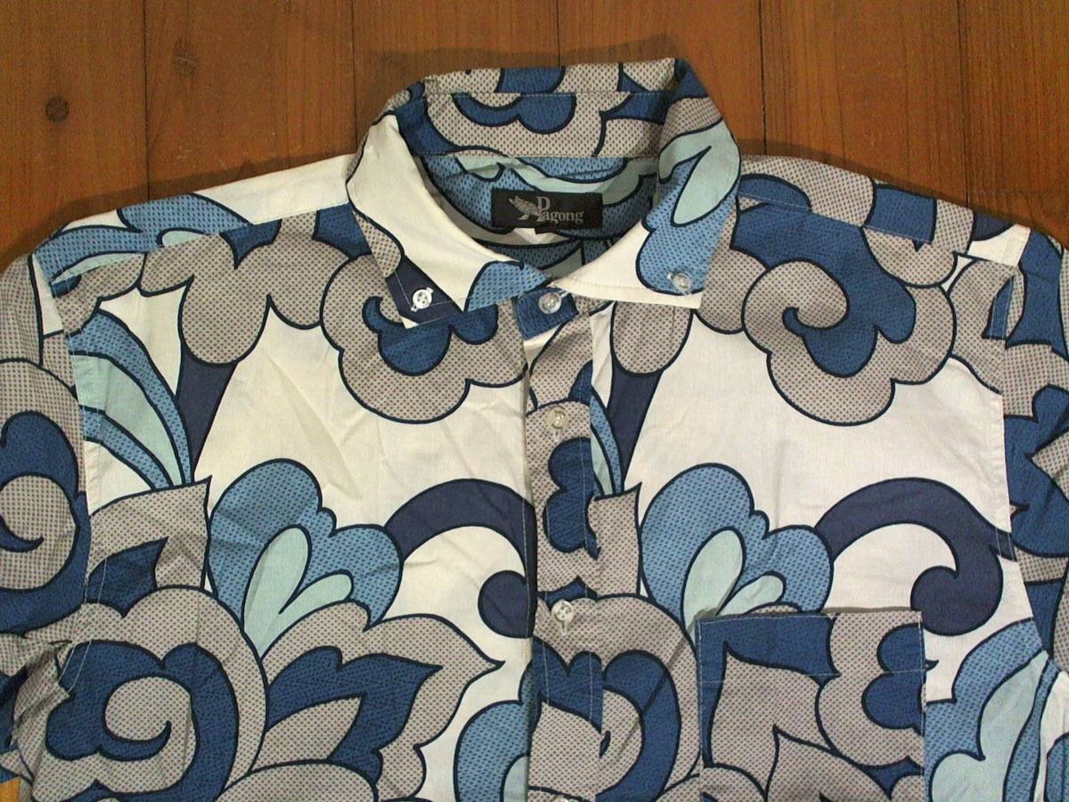 ☆京都・国産☆パゴン【Pagong】アロハ風 ボタンダウン半袖シャツ コットンシャツ L位 白青