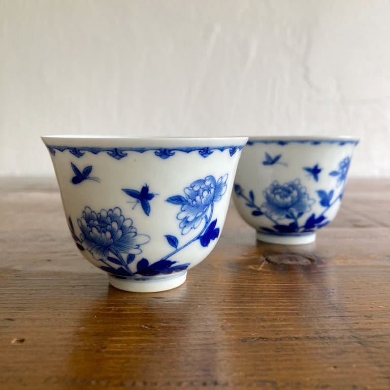 景徳鎮 小雅窯 茶杯 2客セット 中国 染付 青花 唐物 茶器(骨董陶磁器