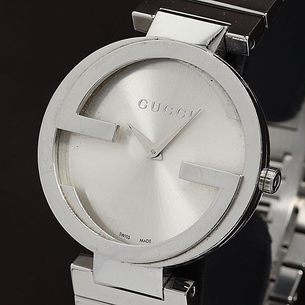 1円 稼働 良品 箱/コマ2/保証書付 グッチ QZ 133.3/YA133308SS インターロッキング シルバー文字盤 レディース/ボーイズ腕時計 0002200HSY