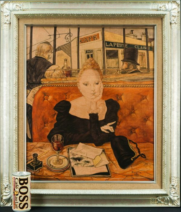 ◇藤田嗣治◇油絵 手描き《カフェ》表サイン 岡沢吉夫寄贈古筆シール  