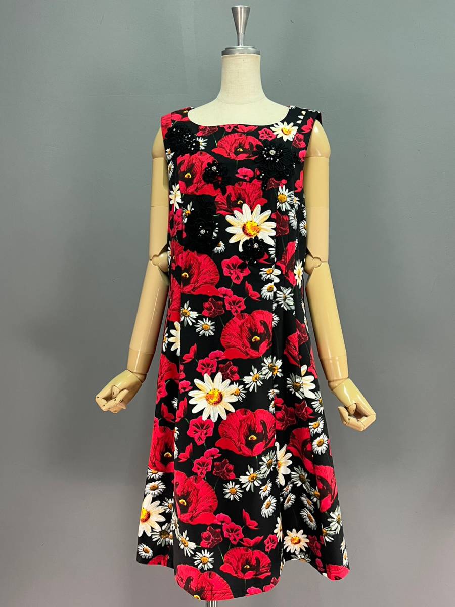 Wi280 美品 スーパービューティー ドレス ノースリーブ ワンピース ストレッチ 花柄 ボタニカル 派手柄 スパンコール レディース 42
