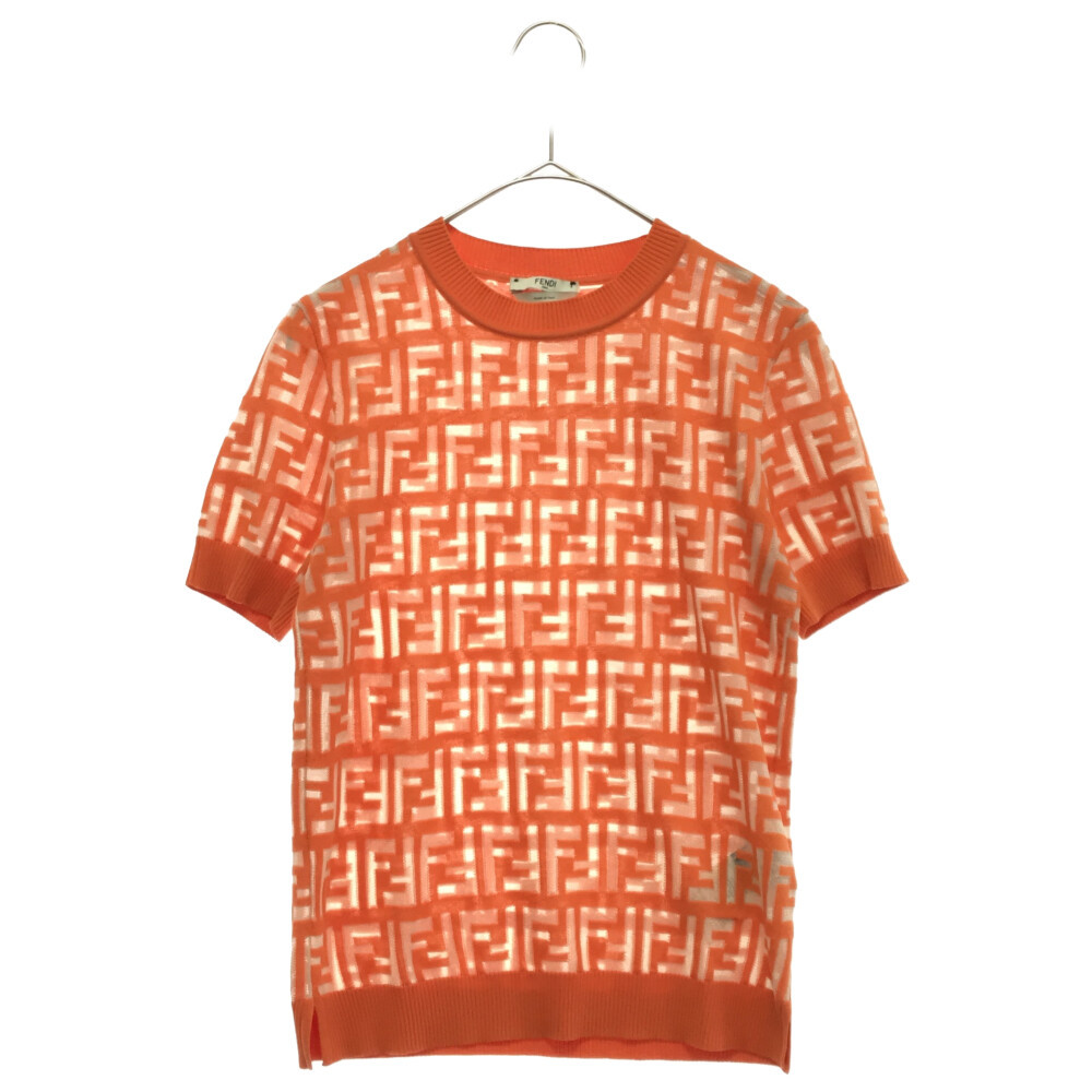 フェンディ ズッカ柄 レース 半袖ニットTシャツ オレンジ FZY793 A7U3 