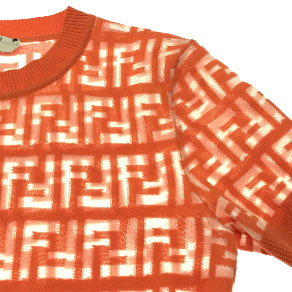 フェンディ ズッカ柄 レース 半袖ニットTシャツ オレンジ FZY793 A7U3 