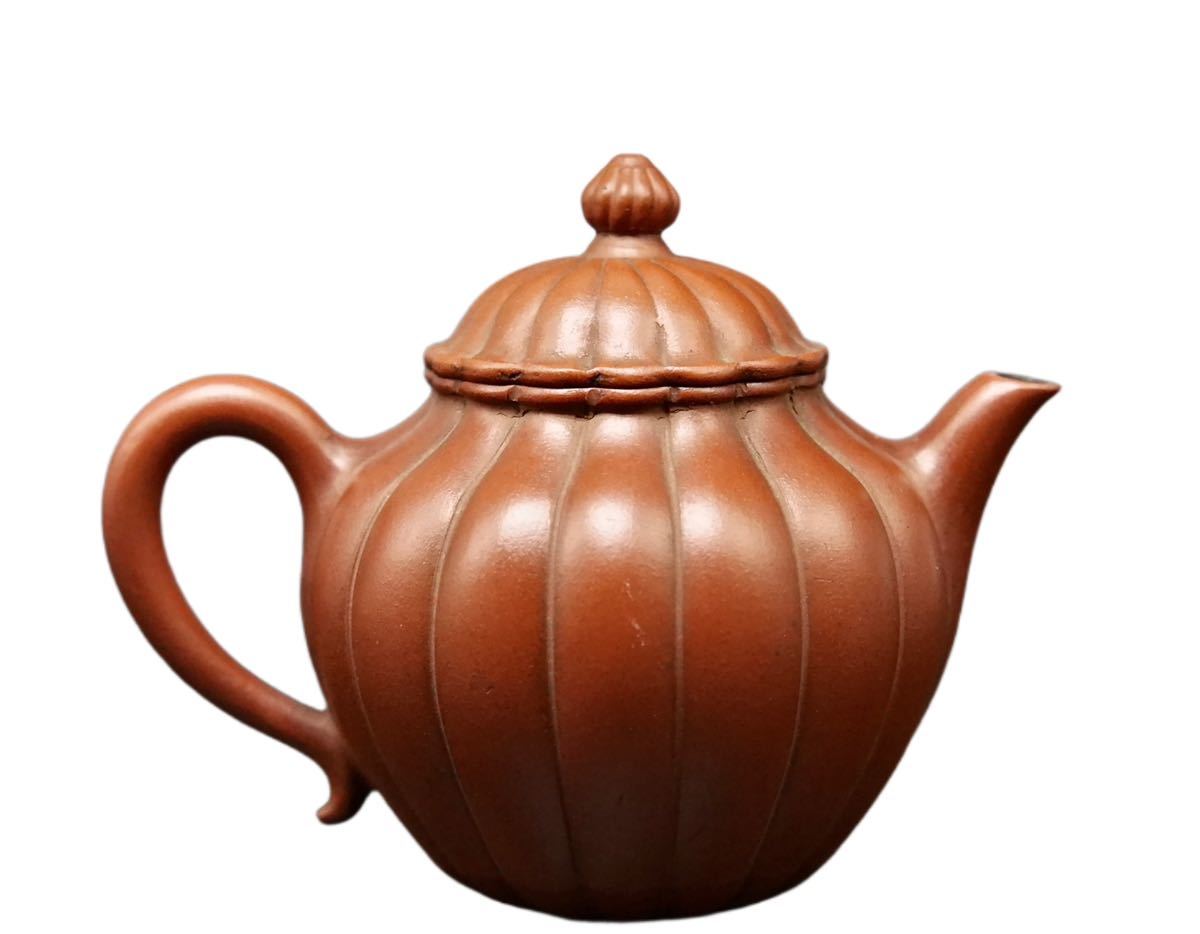 S178 時代煎茶道具 朱泥紫砂 菊形 煎茶 後手急須 茶壷 朱泥急須 茶器 中国唐物 茶道具 美術品 陶磁器 幅:11.7×8.1cm_2