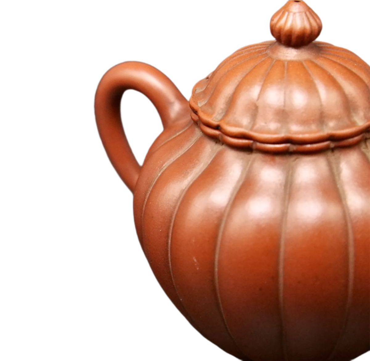 S178 時代煎茶道具 朱泥紫砂 菊形 煎茶 後手急須 茶壷 朱泥急須 茶器 中国唐物 茶道具 美術品 陶磁器 幅:11.7×8.1cm_5