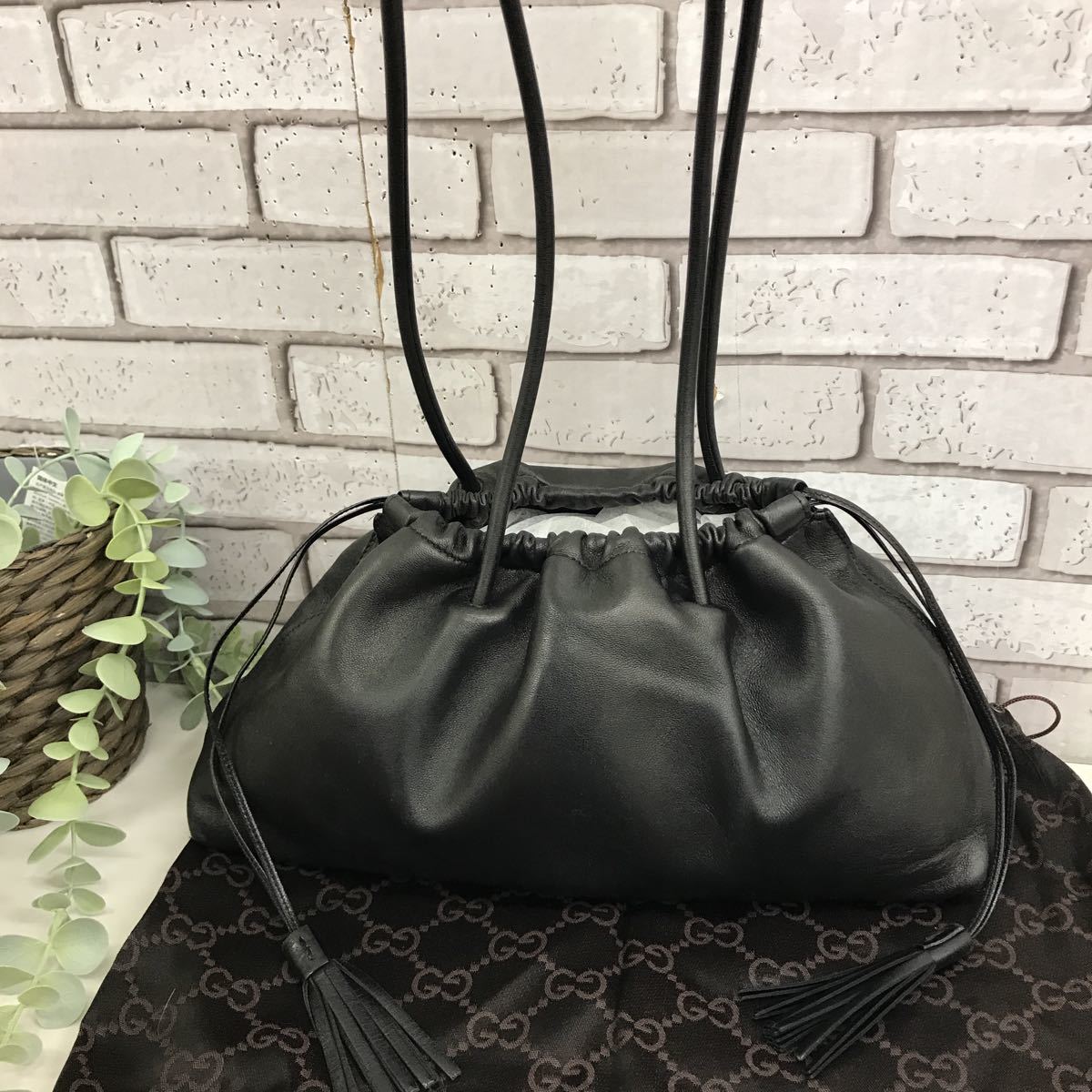 【7252-1】グッチ　GUCCI ヴィンテージ　レザーフリンジ巾着ハンドバッグ　オールドグッチ　ショルダーバッグ