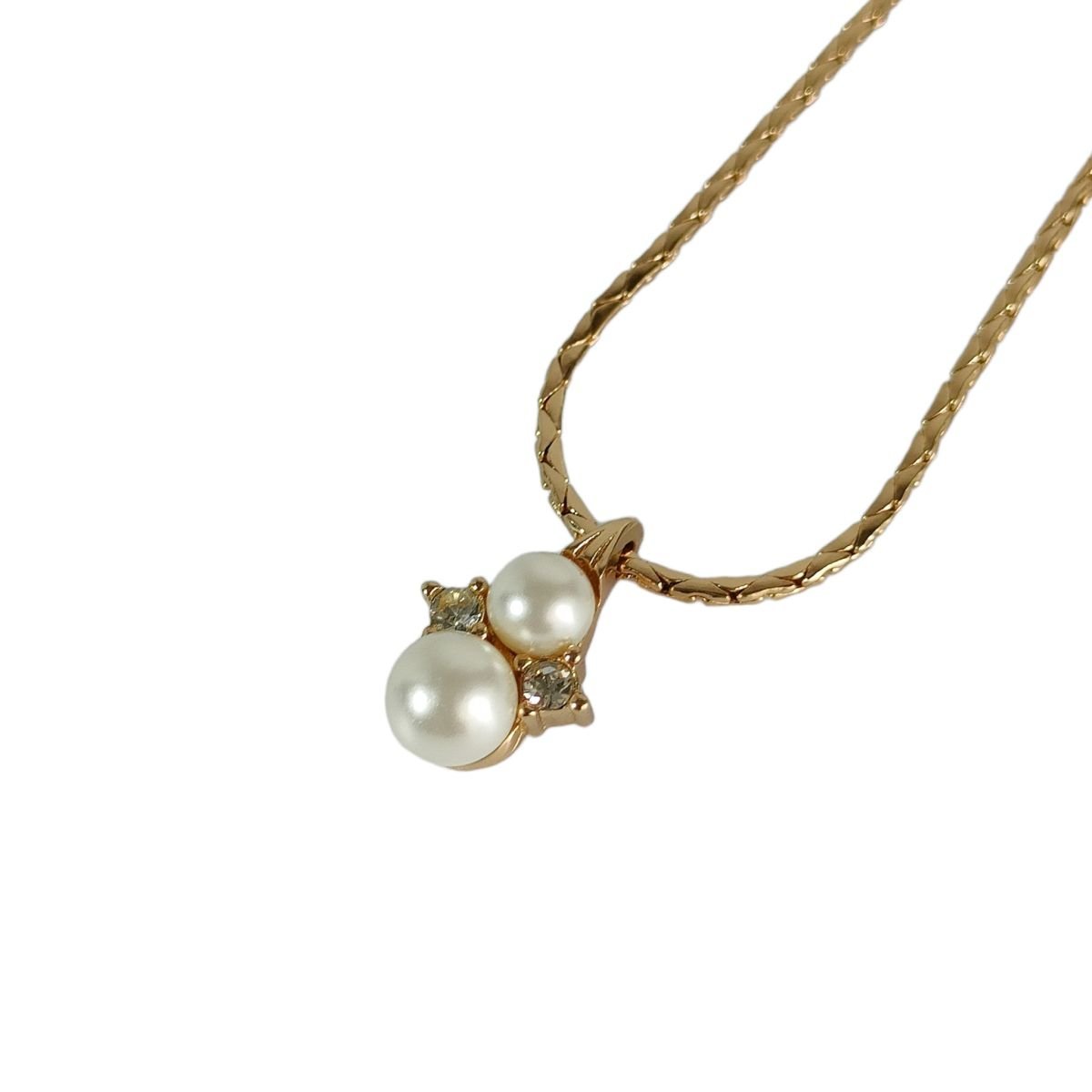 美品 Dior クリスチャンディオール フェイクパール×ラインストーン チェーン ペンダント ネックレス アクセサリー ゴールド J0502