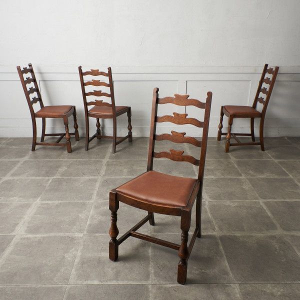 IZ59631F★張替済 4脚セット 英国 アンティーク ラダーバック チェア 椅子 ダイニングチェア 木製 オーク クラシック 年代物 イギリス