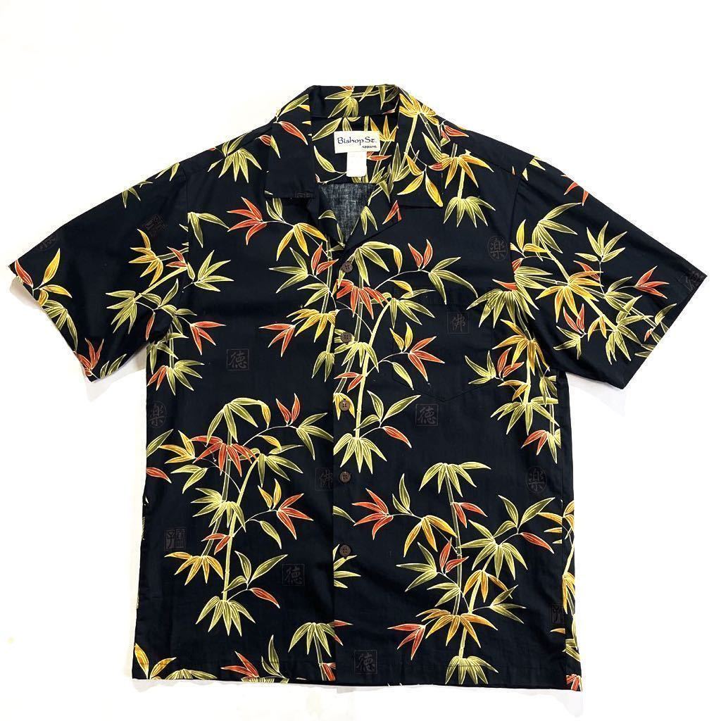 美品☆ハワイ製 Bishop ST コットン ハワイアンシャツ M 黒 ビンテージ 