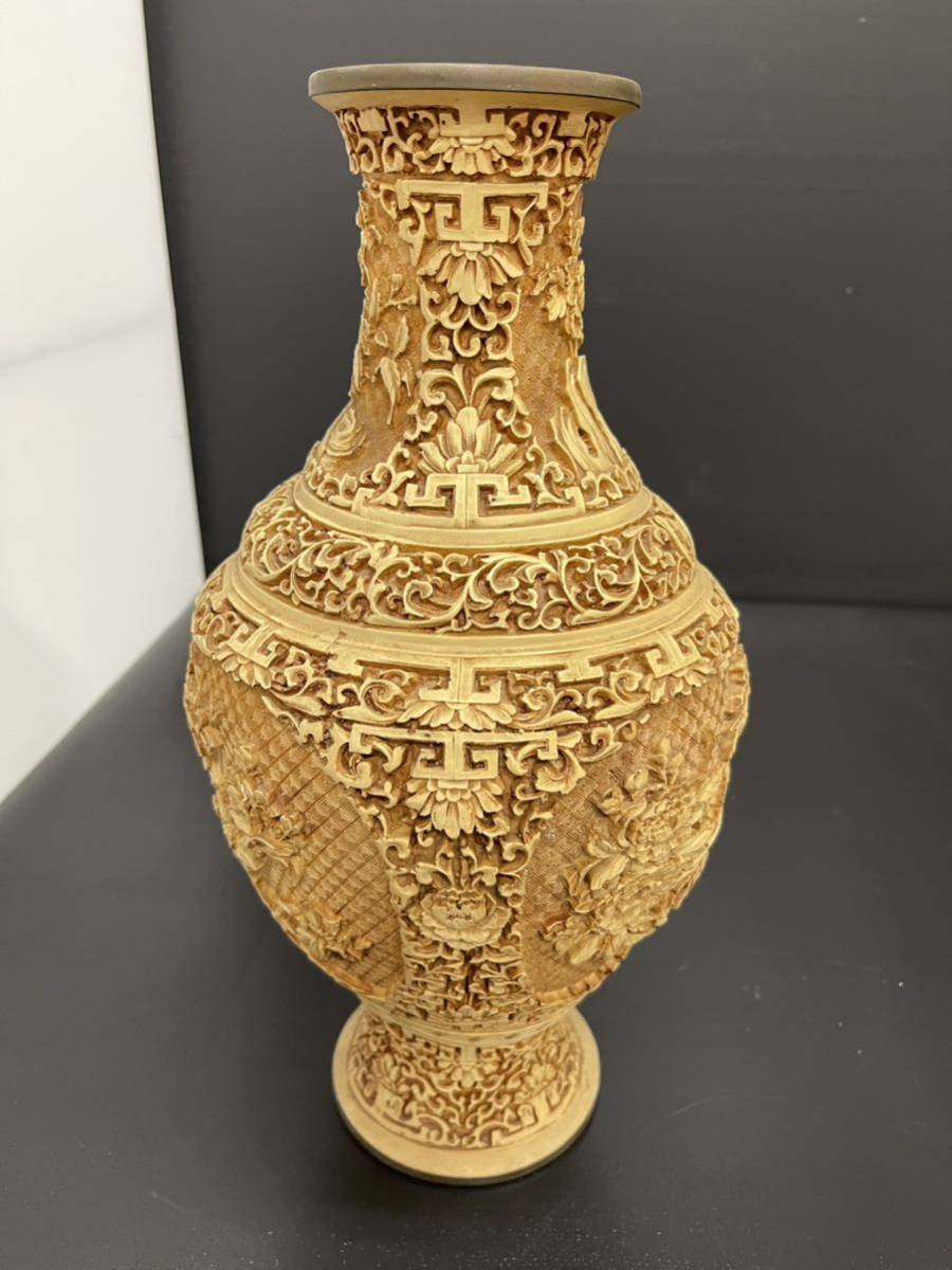 希少 山水彫刻 白堆朱 花瓶 花入 花壺 花壷 飾壺 置物 重量茶道具 華