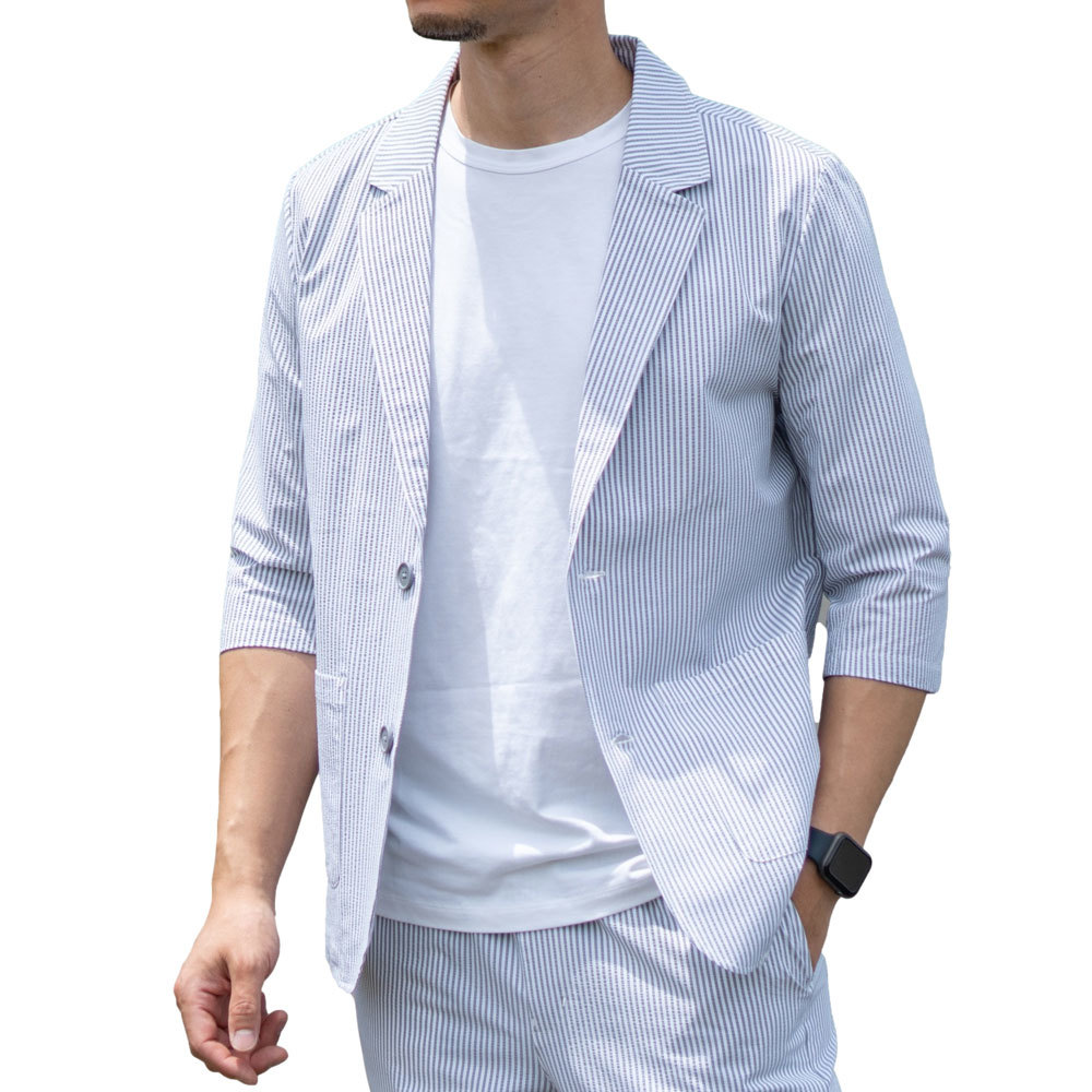 シアサッカー 七分袖 サマージャケット 白/LL 伸縮 ストレッチ 春夏 カジュアル ゴルフウェア GOLF スポーツウェア メンズ 夏ジャケ 涼しい