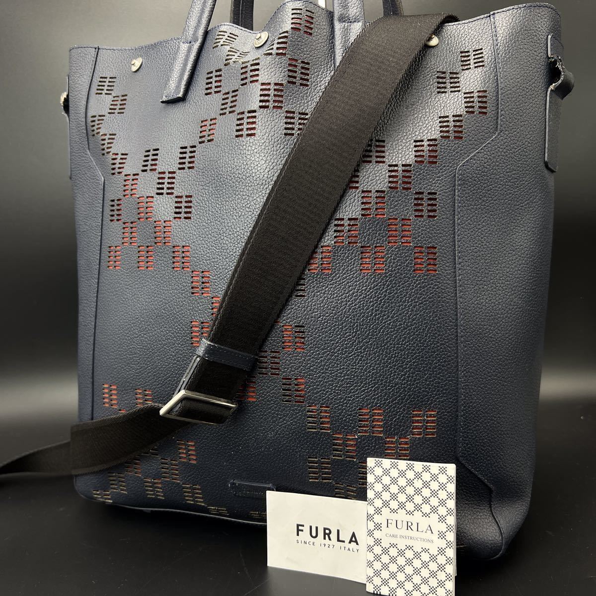 1円 【定価10万・現行品】FURLA フルラ トートバッグ ビジネスバッグ ショルダー 2way パンチング レザー 2way メンズ レディース