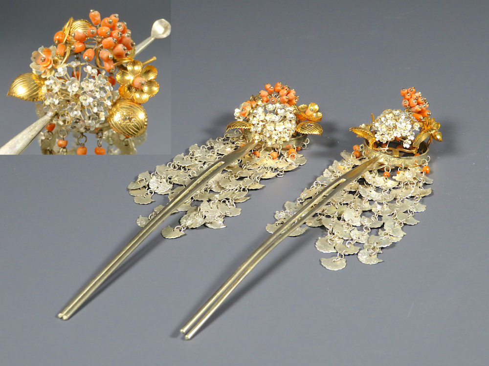 金工 紫陽花 珊瑚 かんざし 簪2点（コレクター放出品）(かんざし 