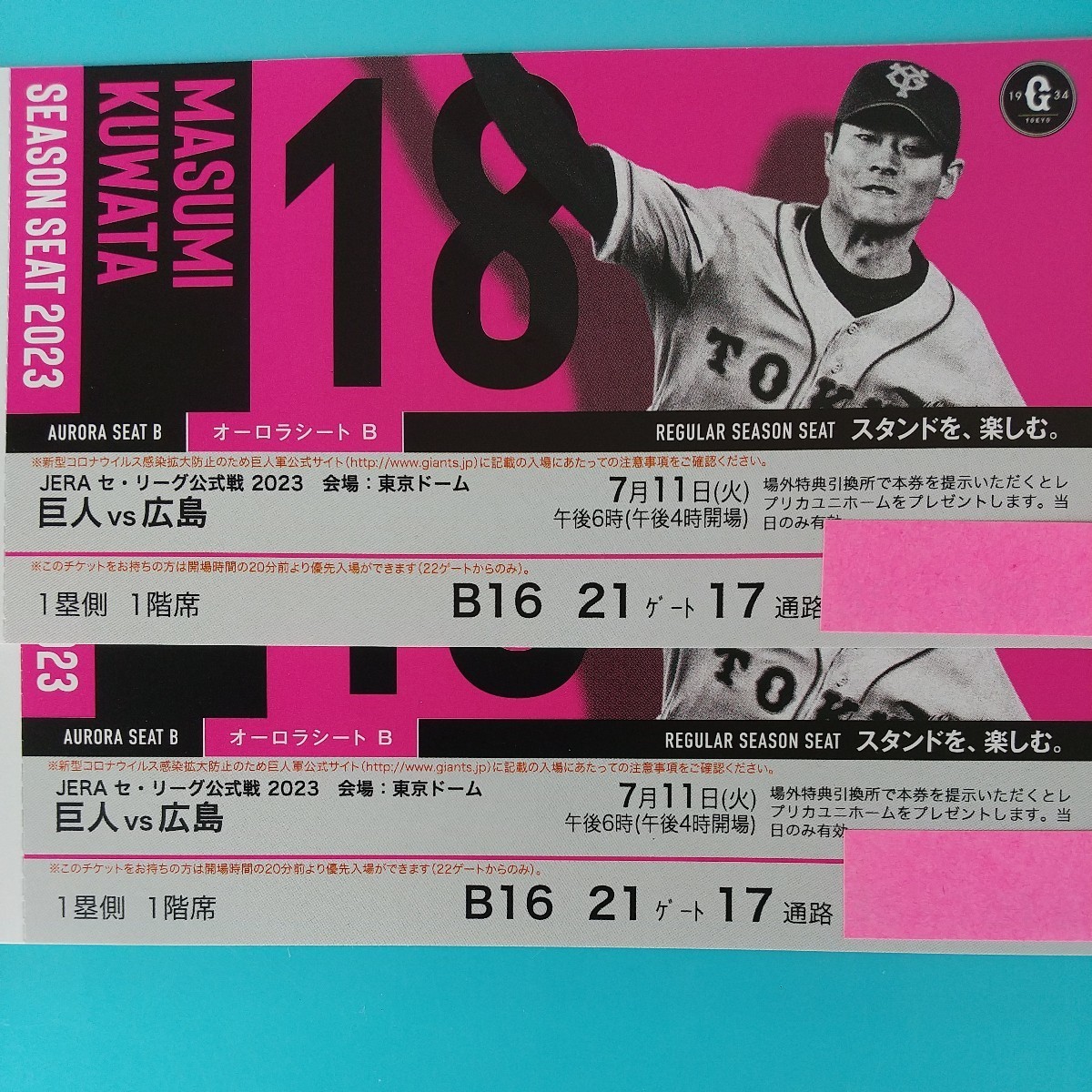 8⁄20 オーロラシートB ペア 巨人-広島 3塁側 オーロラ席 通路側