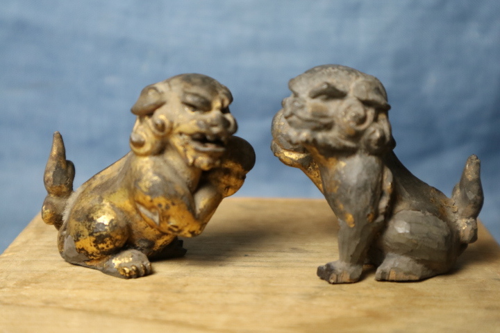 木彫 玉を持つ 狛犬 阿吽 検仏教美術寺社装飾品獅子珍品希少骨董