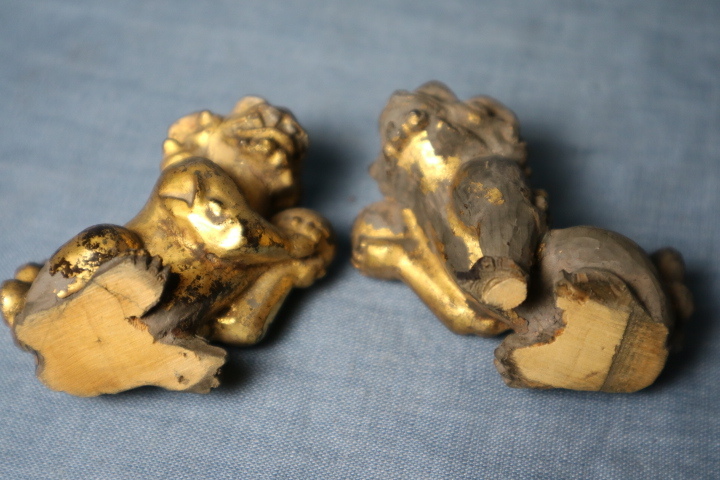 木彫 玉を持つ 狛犬 阿吽 検仏教美術寺社装飾品獅子珍品希少骨董