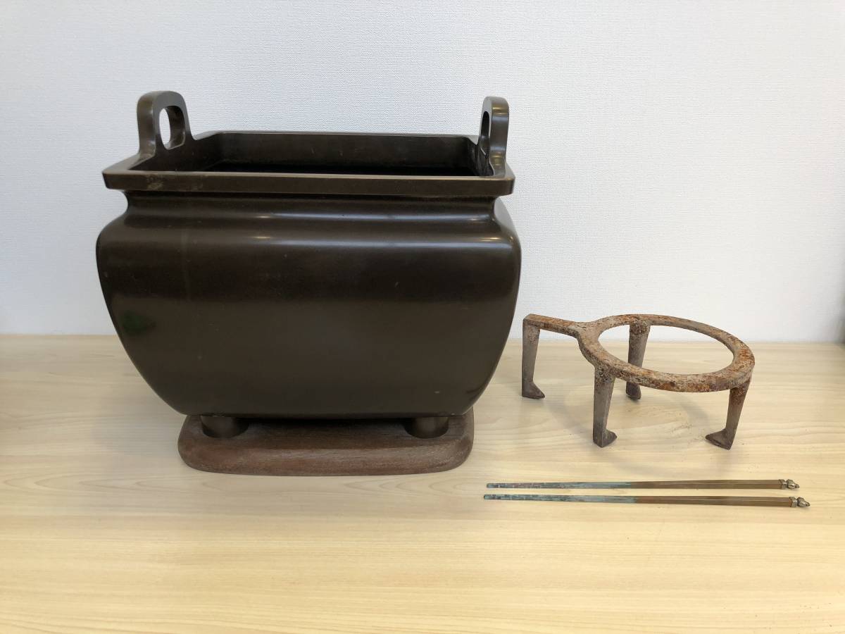 H》時代物 大正 昭和 銅製 四角 火鉢 レトロ アンティーク 骨董 重量約 