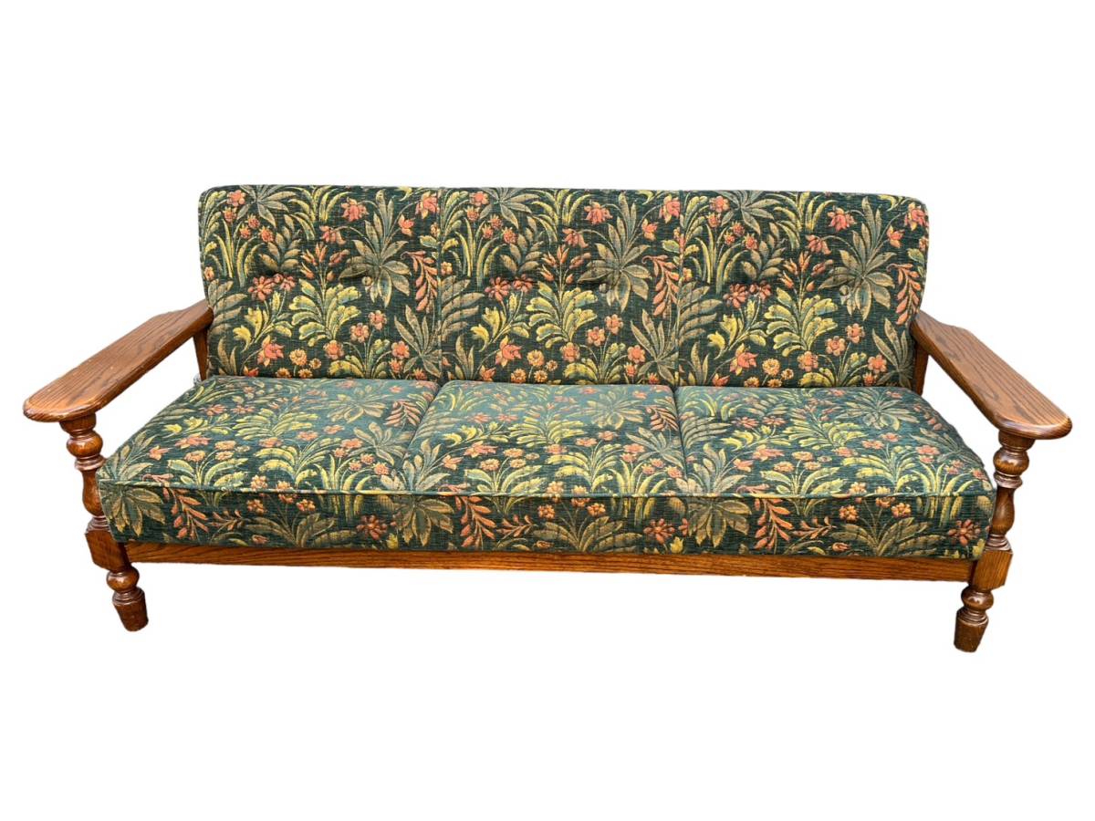 【直接引取歓迎】三越家具 ブルージュ Brugge 3人掛けソファ 3P 3シーター 草花柄 総革 楢材 ナラ材 無垢材 高級 カントリー アンティーク