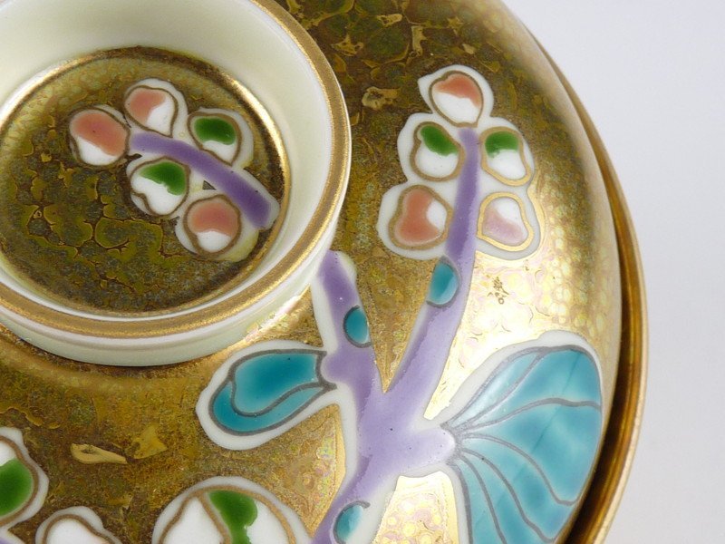 都屋】11 有田焼 幸楽窯「錦桐花孔雀窯変蓋物」10客 共箱 幅 約12.5cm
