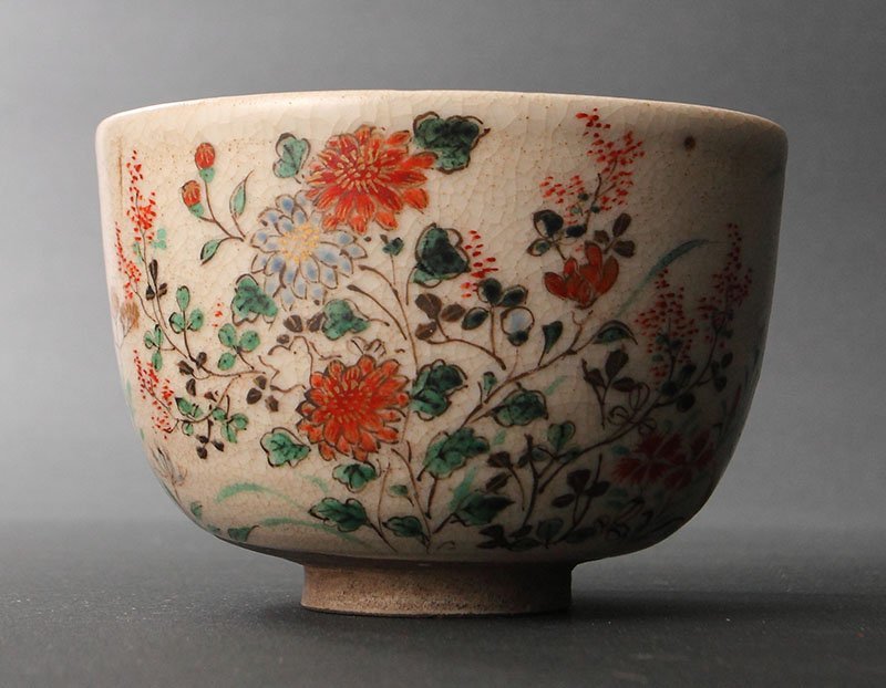 委託HK◇野々村仁清 色絵秋草茶碗 （茶道具 茶碗 古美術 陶磁器 野々村