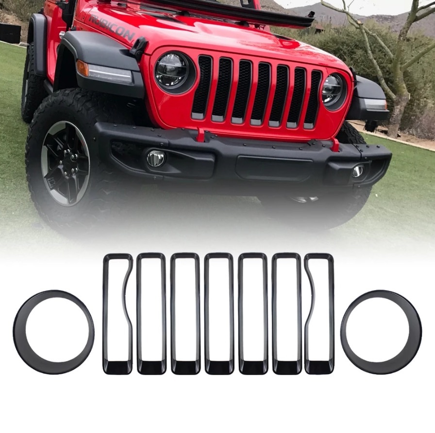 【3色あり】フロントグリル＋ヘッドライト　トリムカバー　ヘッドランプ　グリルインサート　Jeep JL ラングラー ジープ 2018 2019