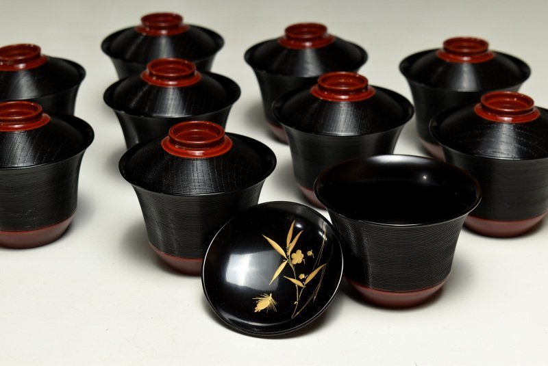 【蔵c9593d】木製蒔絵　松竹梅文　小吸物椀　汁椀　十客