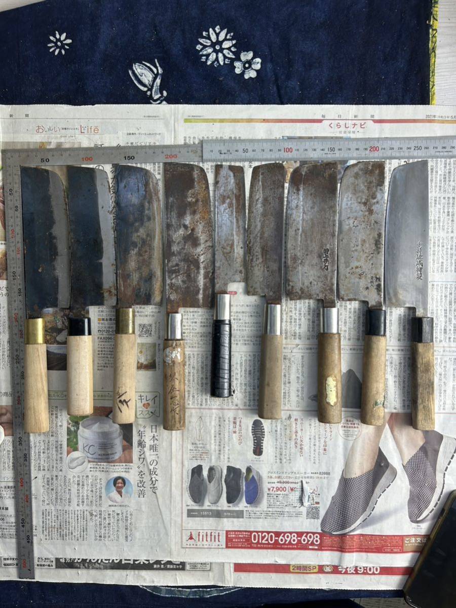 和包丁 菜切包丁　薄刃包丁　白井手打青鋼　手打嵯峨特製　特上手打　鉄男手打特級　堺屋一心作　関孫六　徳重など9本纏め　中古品