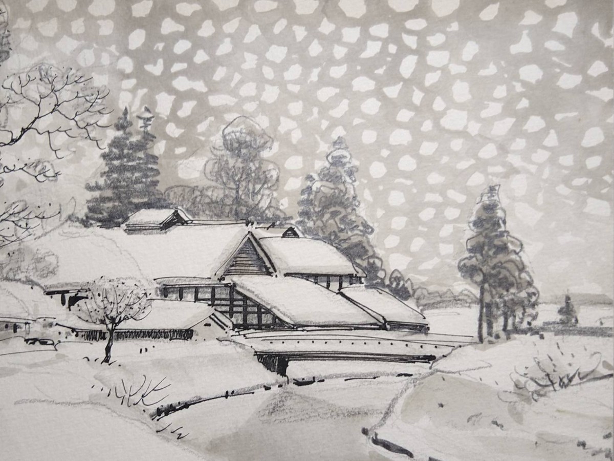 塗師祥一郎「雪後の里」油彩 5『真作 ペン画/日洋会理事長 塗師祥一郎
