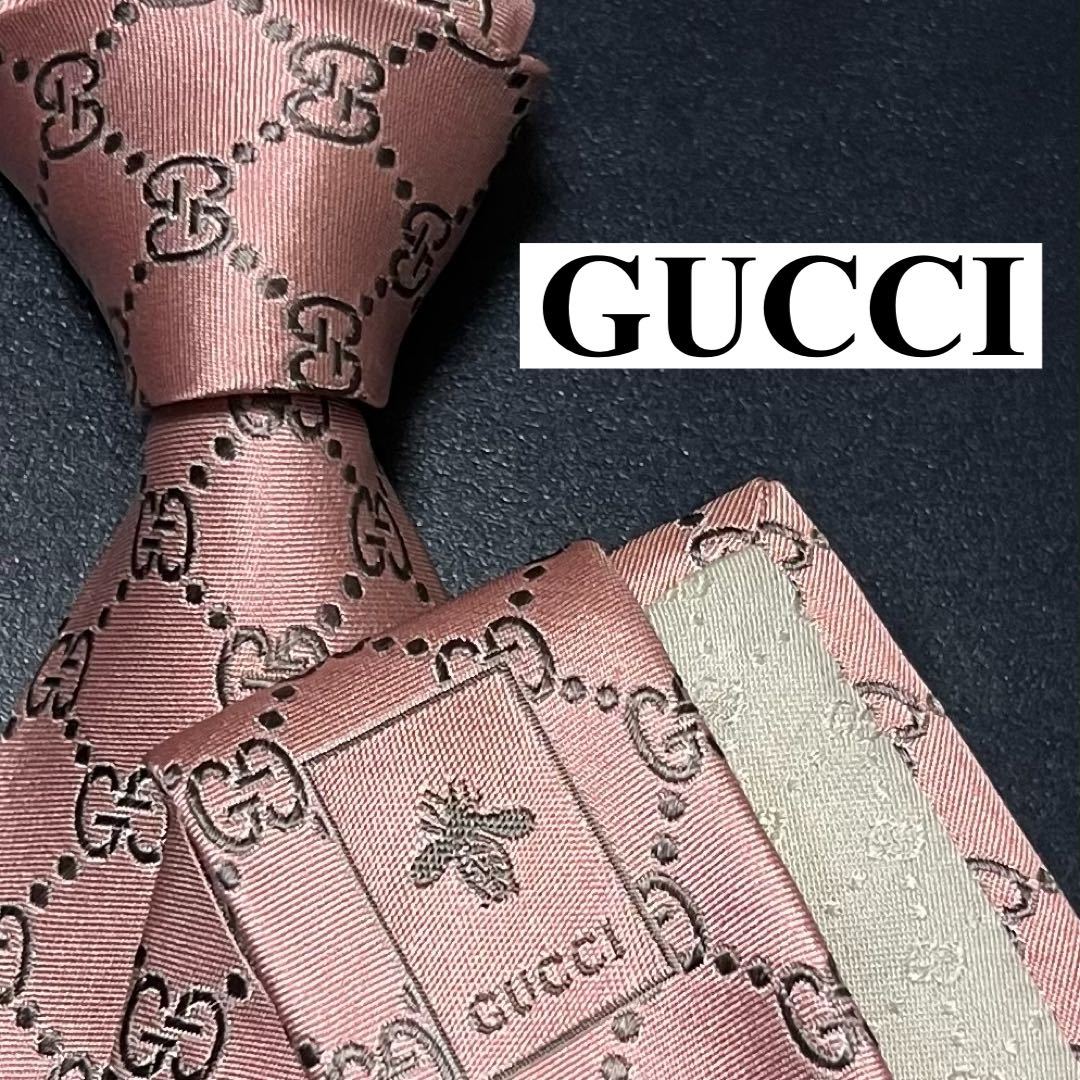 ✨未使用タグ付き✨GUCCI 現行　GG柄　シェリーライン　桃色ピンク　ネクタイ 1円 美品 希少 ネクタイ 現行タグ GUCCI グッチ シルク シマ GG柄
