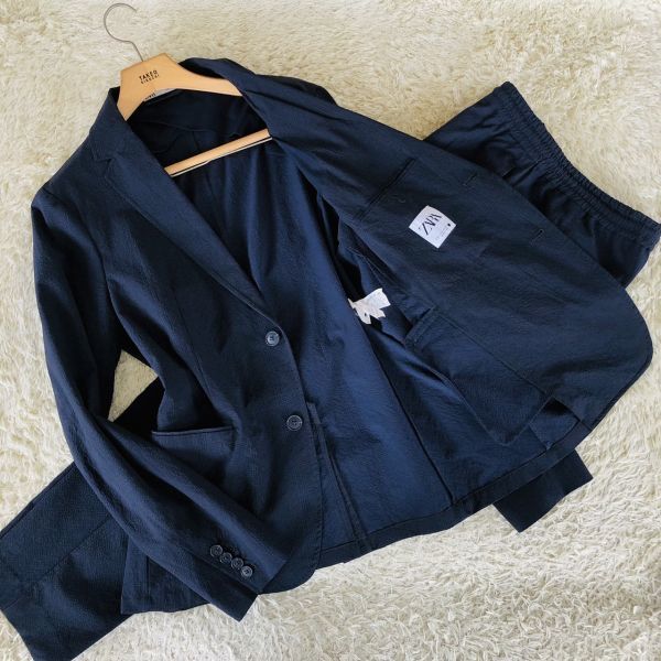 ザラ『大人のオシャレ』ZARA スーツ　セットアップ　シアサッカー　Ｌ　ネイビー　チェック　ストレッチ　春夏　テーラードジャケット　73