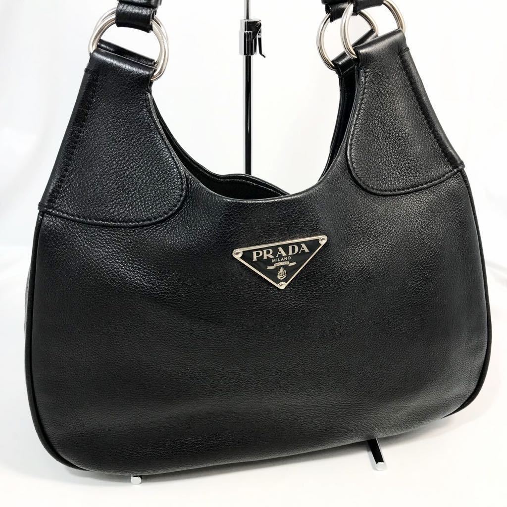 プラダ ハンドバッグ 2way ショルダー レザー×ナイロン デカロゴ 黒 極 