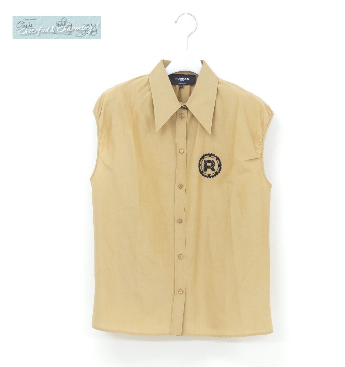ROCHAS ロシャス ブラウス 40 ベージュ コットンシルク ビーズロゴ '19年商品
