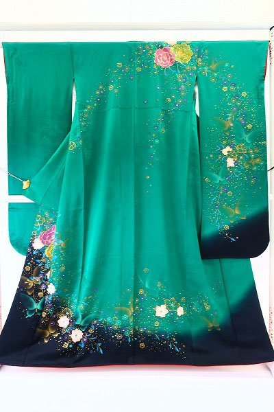 着物フィ】美品 振袖 緑色 金彩友禅 芍薬 蝶々 身丈163cm 成人式 結婚 