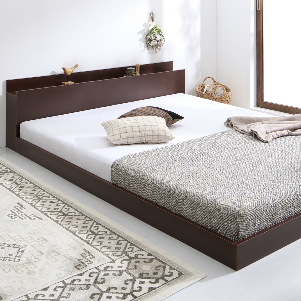 ダブルベッド マットレス・棚・コンセント付き ダークブラウン フロアベッド ローベッド ベッド ダブル すのこベッド