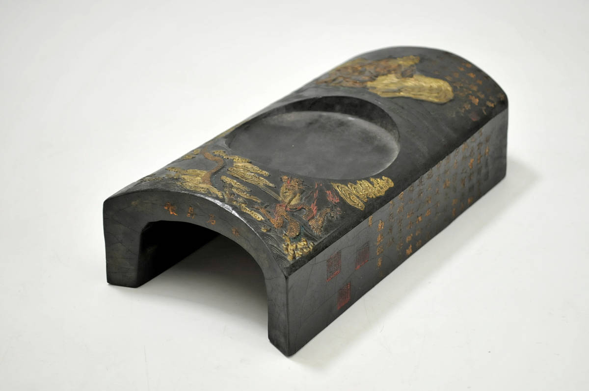 EN348 中国書道具 石眼 紅端渓硯・紅端硯 縦15.5cm 重1kg 蓋付・紅端帶