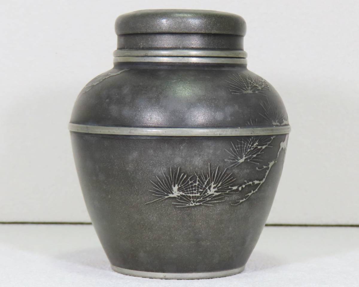 夏の大セール 錫製/茶壺/茶壷/錫半/上錫/松竹梅図/604.2g/茶道具/骨董 