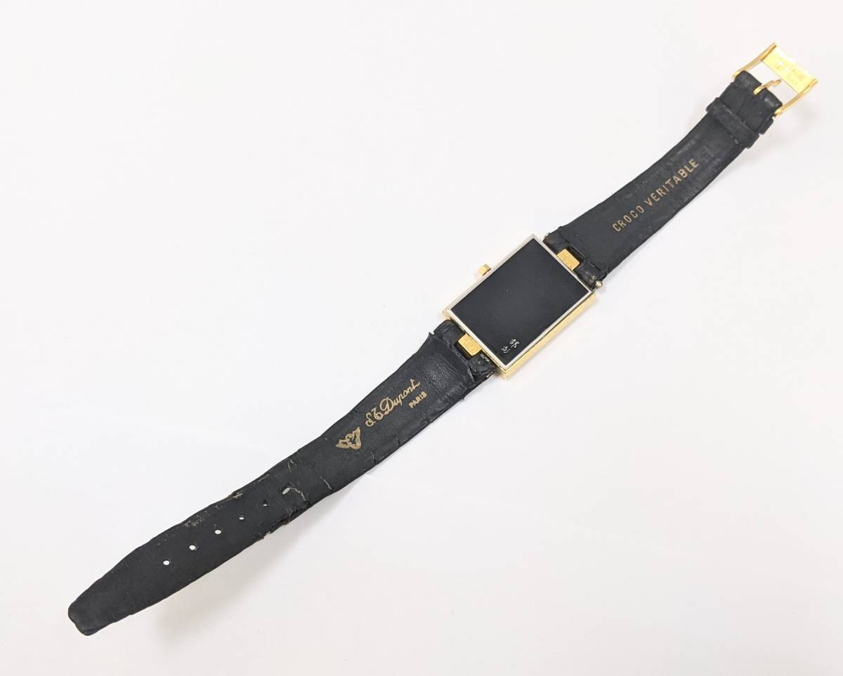 【2447】S.T.DUPONT デュポン 都彭刻印 クオーツ 黒漆ケース スクエア ラメ文字盤 レディース 純正ベルト 尾錠 スイス製 ブランド 貴重 ライン1 デュポン ガスライター ※作動〇 クォーツ オランピオ｜当時のトップライン本黒漆｜STデュポン