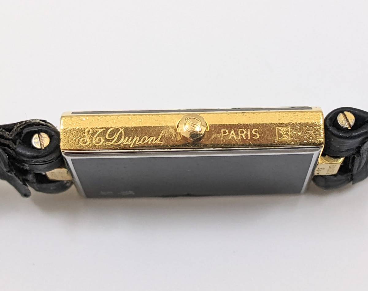 【2447】S.T.DUPONT デュポン 都彭刻印 クオーツ 黒漆ケース スクエア ラメ文字盤 レディース 純正ベルト 尾錠 スイス製 ブランド 貴重 ライン1 デュポン ガスライター ※作動〇 クォーツ オランピオ｜当時のトップライン本黒漆｜STデュポン