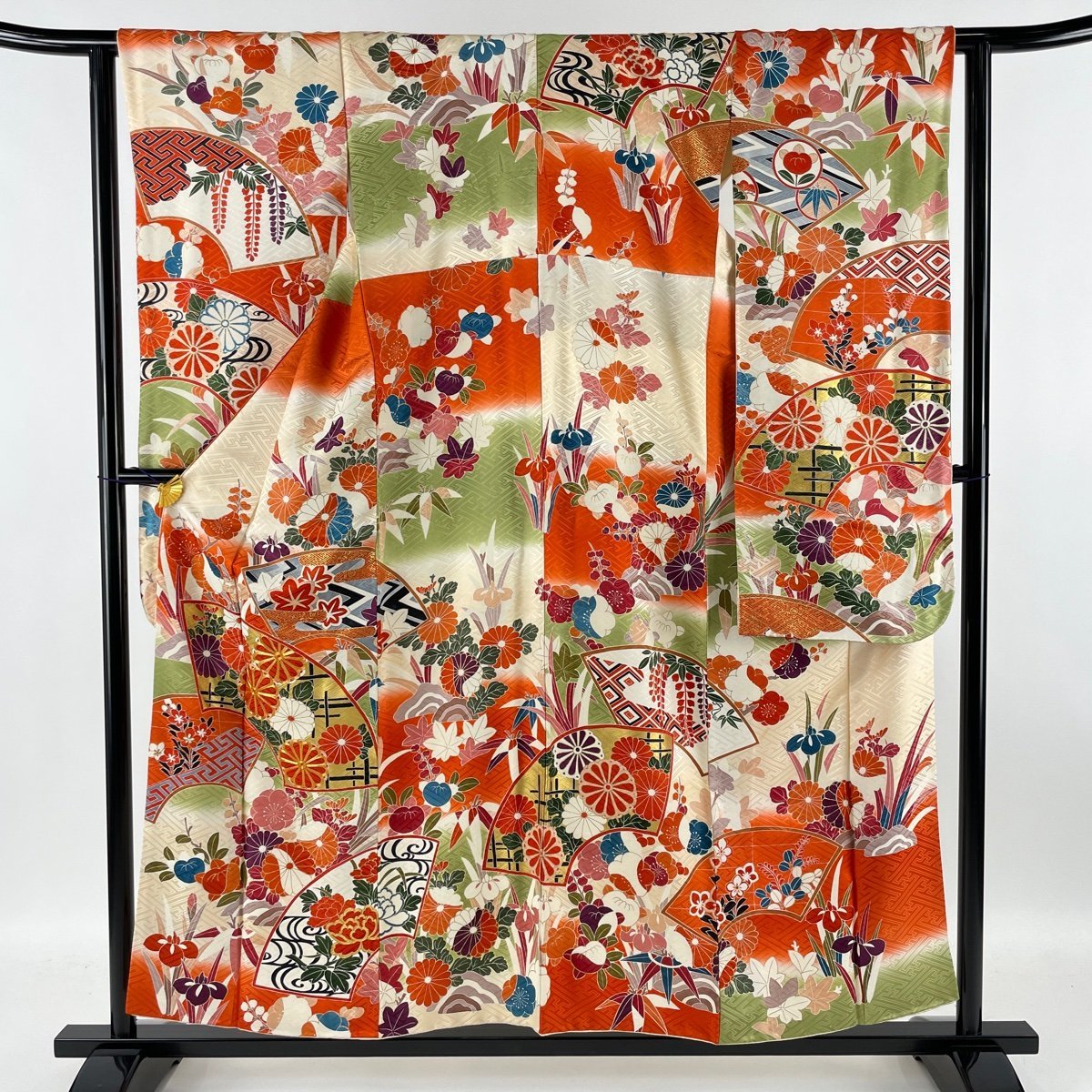 振袖 秀品 扇面 草花 金糸 金彩 朱色 袷 身丈154cm 裄丈63cm S 正絹