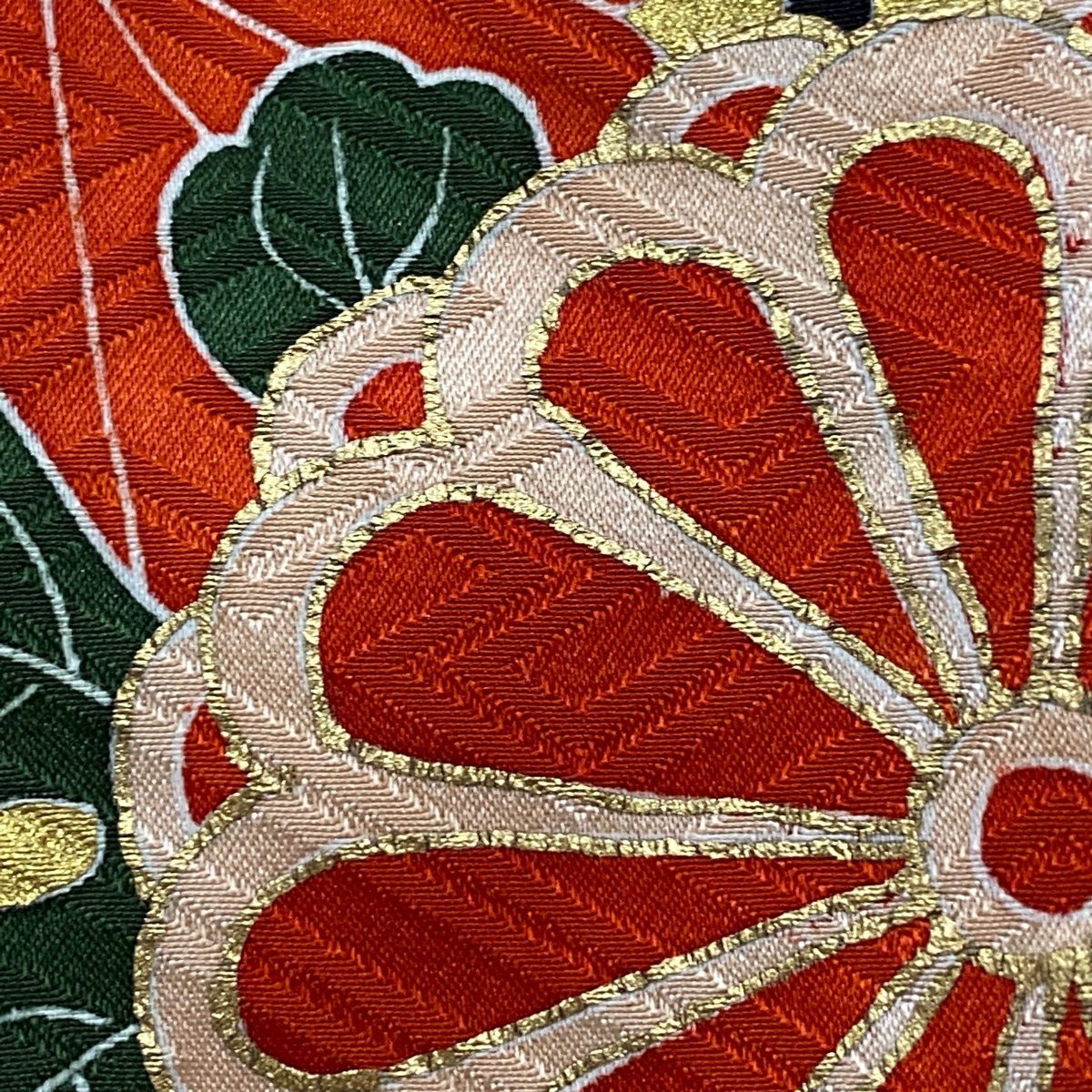 振袖 秀品 扇面 草花 金糸 金彩 朱色 袷 身丈154cm 裄丈63cm S 正絹