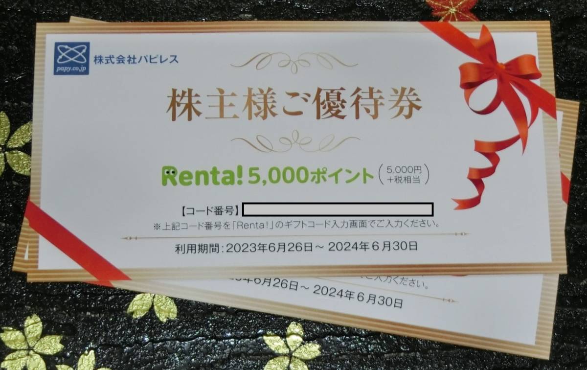 パピレス 株主優待券 5000ポイント×2枚 Renta! 有効期間：2024年6月