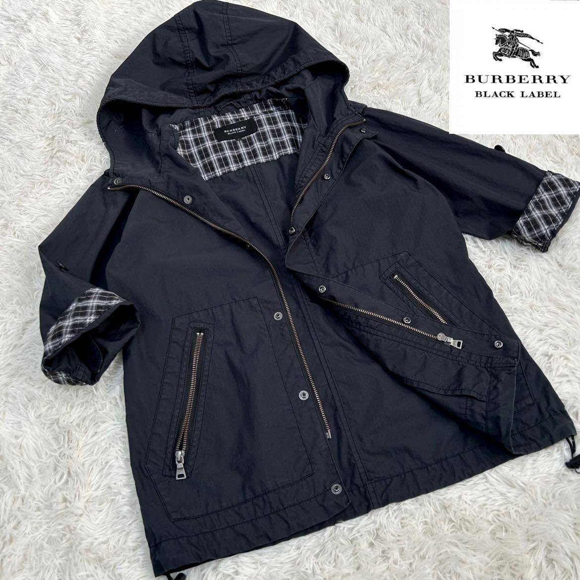 美品！希少L バーバリーブラックレーベル ミリタリージャケット ノバチェック 黒 ブルゾン アウター 五分 春夏秋冬 BURBERRY BLACK LABEL 