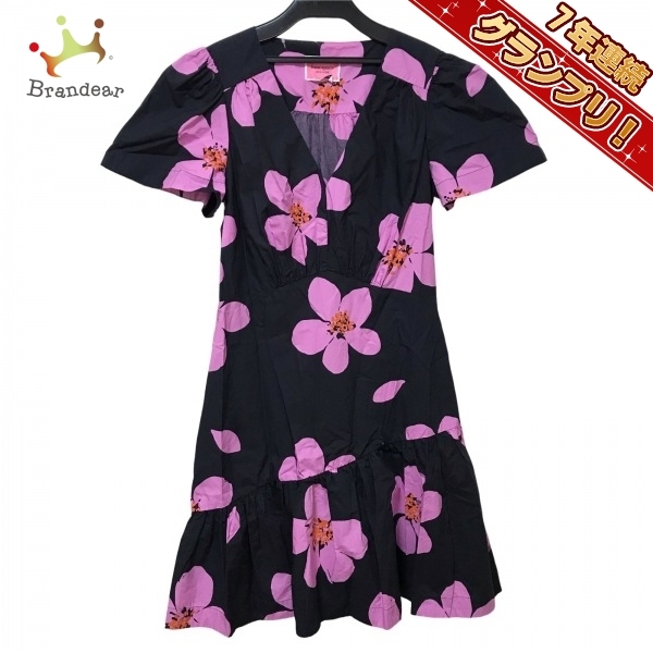 ケイトスペード Kate spade サイズ8 M - 黒×ピンク×オレンジ レディース Vネック/半袖/ひざ丈/花柄 ワンピース