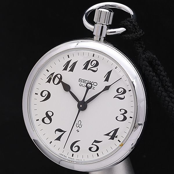 1円 稼働 良品 箱付 セイコー QZ 7550-0010 鉄道時計 白文字盤 ラウンド 懐中時計 6622000HSY