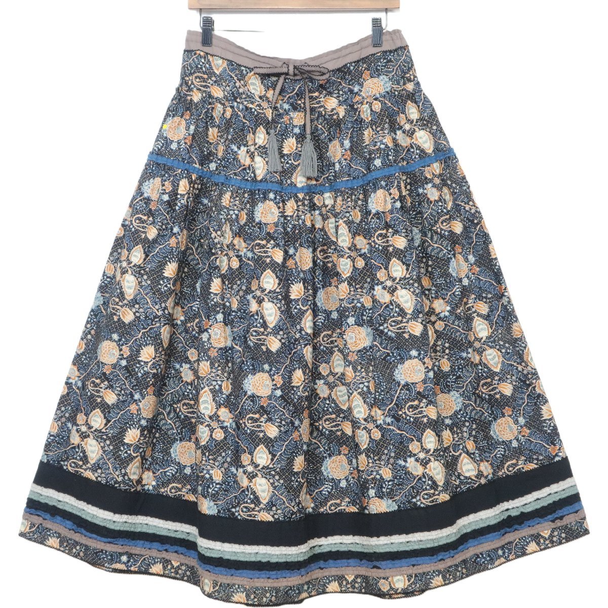 KANEKO ISAO カネコイサオ★大人可愛い更紗柄＆フリル♪スカート 黒×青系 秋冬 着回し力◎ 希少ヴィンテージ レイヤードにも z3550